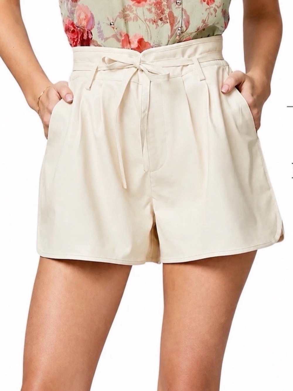 PAIGE Martini Faux Leather Ecru/ Ivory Tie-Waist Shorts Size 14
